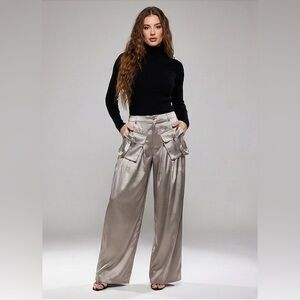 Luxe Silver Wide-Leg Trousers with Satin Cargo Detail